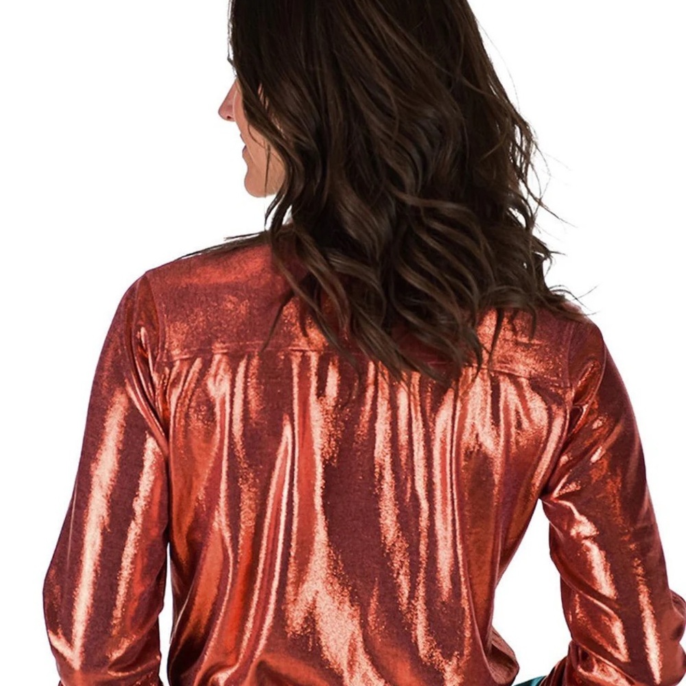 Cowgirl Tuff Metallic Coral Zip-Front Women's Top with Teal Accents - Picture 2 of 4